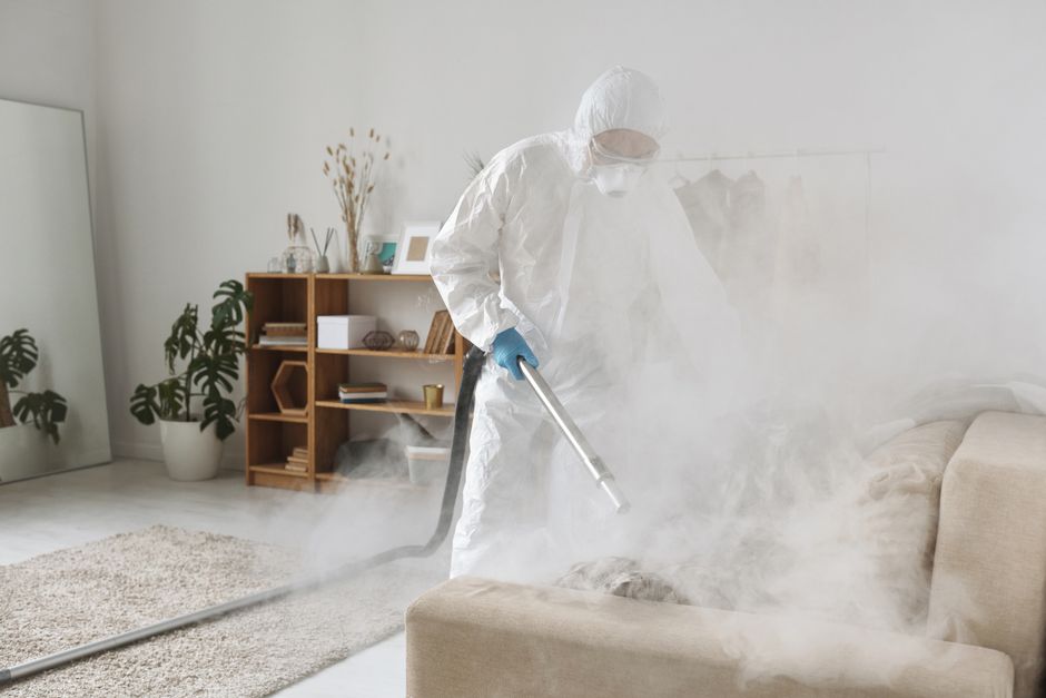 A person in PPE fumigates a living room for disinfection, ensuring safe environment.